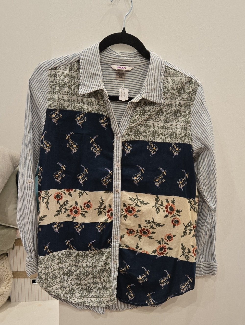 Alia Patchwork Floral & Paisley Button-Up Shirt - Navy/Cream/Green